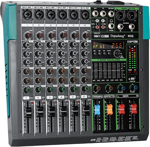 Depusheng MX6 - Mezclador de sonido de 6 canales, consola de mezcla de audio 48V 256DSP profesional, USB, para PC, reproducción y grabación,