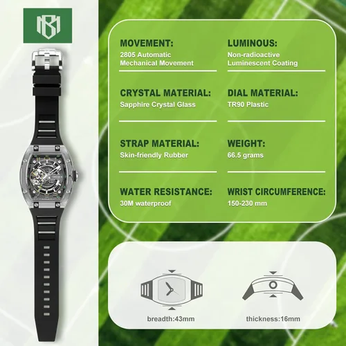 Miniatura 2 de MINBER Reloj automático de esqueleto, esfera de 1.693 in con manecillas luminosas, reloj de cuerda automática, resistente al agua 3 ATM, plástico