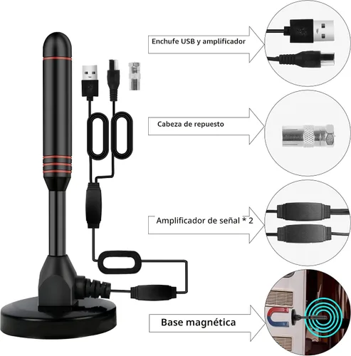 Miniatura 4 de Antena de TV para interiores con 2 potenciadores de señal y cable de 32 pies - Antena digital para Smart TV, base magnética, compatible con 4K 1080p
