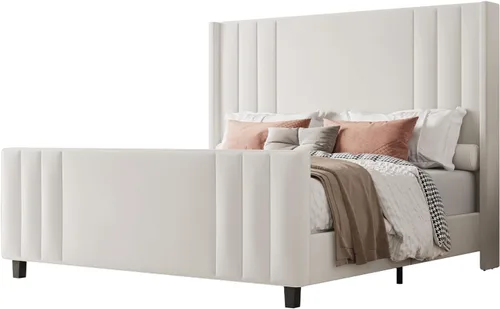 Miniatura 8 de Albott Base de cama de plataforma tamaño King, cama tapizada con cabecera y pie de cama con respaldo alado capitoné de canales verticales, Crema