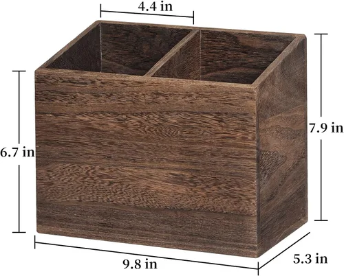 Miniatura 6 de Organizador de utensilios de cocina de madera con 2 compartimentos, soporte rústico para encimera de cocina, caja organizadora de utensilios