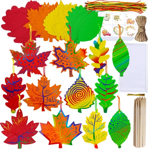 Winlyn 48 juegos de 12 diseños coloridos de colores mágicos para rascar hojas de otoño, adornos de hojas de otoño para decoración de otoño, hojas de