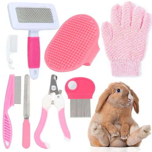 Miniatura 8 de VCZONE Kit de aseo para animales pequeños de 8 piezas, kit de aseo para conejos con cortaúñas y lima para mascotas, peine antipulgas, cepillo