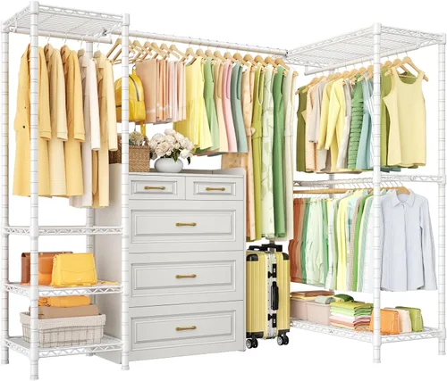 Miniatura 10 de ULIFHOME E10L - Perchero en forma de L para esquina (con barra de suspensión expandible), resistente y independiente para colgar ropa, perchero