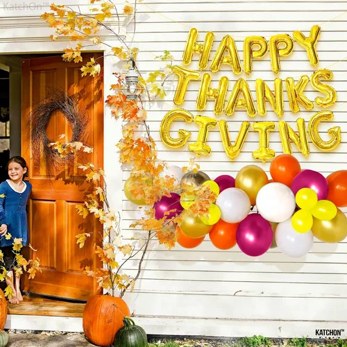 Miniatura 6 de KatchOn Juego de globos y pancartas de Happy Friendsgiving – Grande de 16 pulgadas, paquete de 3 Globos de pavo y calabaza Cartel de regalo
