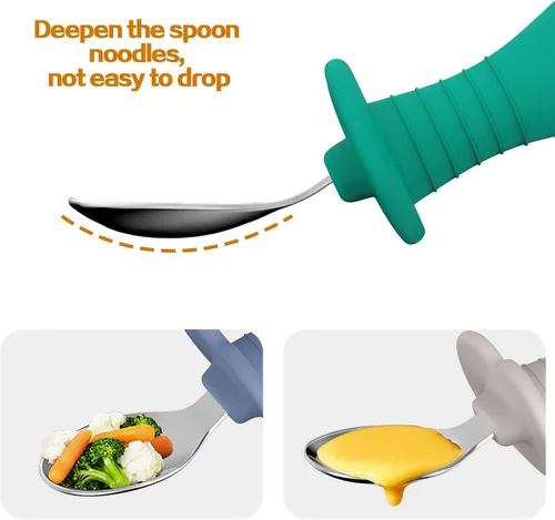 Miniatura 6 de 2 cucharas para bebé, cucharas para niños pequeños para autoalimentarse, cucharas para niños con mango redondo de silicona, utensilios de acero