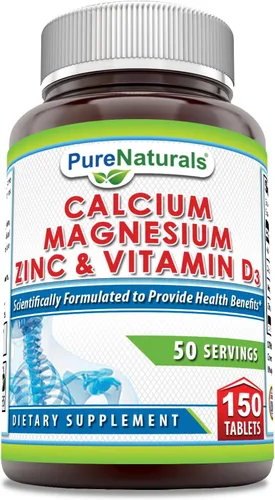 Pure Naturals Suplemento de calcio y magnesio y zinc con vitamina D3 | Calcio 1000 mg, magnesio 400 mg, zinc 25 mg, vitamina D3 600 UI | Sin OMG |