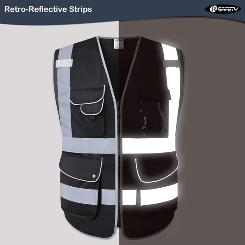 Miniatura 4 de JKSafety - Chaleco de seguridad negro con cremallera frontal y 9 bolsillos con tiras reflectantes, cumple con el estándar ANSI/ISEA (5XL, 150-negro)