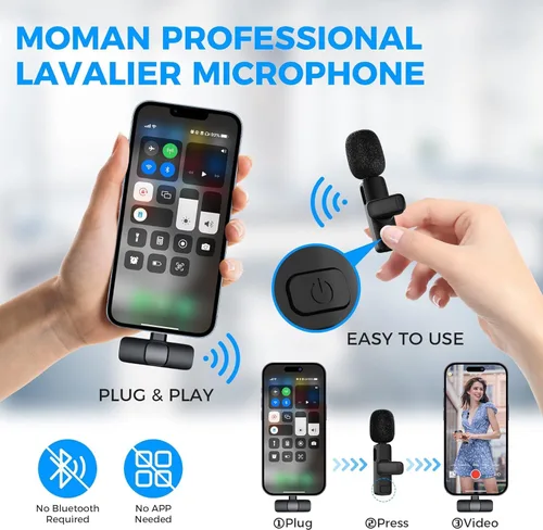 Miniatura 4 de Moman Micrófono Lavalier inalámbrico para iPhone, micrófono con clip para grabación de video, entrevista, podcast, vlog, YouTube, micrófono