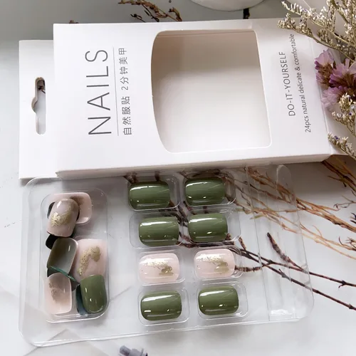 Miniatura 7 de 24 uñas postizas a presión de punta francesa, uñas postizas medianas con forma cuadrada, uñas adhesivas con purpurina y diamantes de imitación, uñas