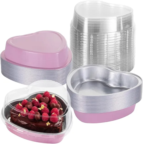 Miniatura 11 de Juego de 15 moldes para pasteles en forma de corazón con tapas, mini recipientes desechables de papel de aluminio para cupcakes de 22.7 onzas
