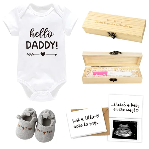 Anuncio de embarazo para papá – Hello Daddy Baby Onesie, zapatos de bebé, caja de recuerdos de prueba de embarazo, tarjeta de revelación de embarazo