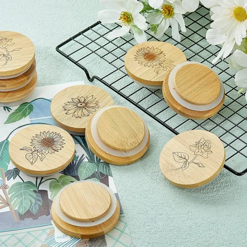 Miniatura 7 de Gueevin Juego de 24 tapas para tarros de yogur a granel de madera de bambú compatibles con tarros de yogur Oui, redondos, reutilizables, con anillos