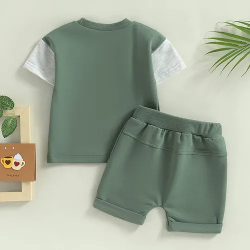 Miniatura 65 de Conjunto de traje de verano para bebé niño pequeño, manga corta, cuello redondo, letras impresas, lindo traje de verano, conjunto de 2 piezas