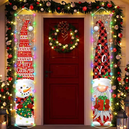 Irenare Decoraciones de Pancarta de Navidad Iluminada con Luz LED Feliz Navidad Letrero de Porche Frontal Muñeco de Nieve Gnomo Pancarta Colgante de