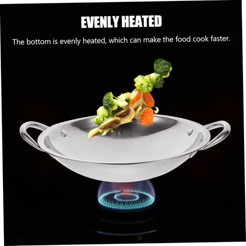 Miniatura 3 de Wok de fondo redondo de acero inoxidable con parte inferior plana para freír sartén de doble mango fácil de limpiar utensilios de cocina
