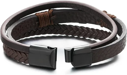 Miniatura 3 de Pulsera de cuero COOLSTEELANDBEYOND para hombre y mujer, cruz lateral plana, múltiples hebras, estilo brazalete