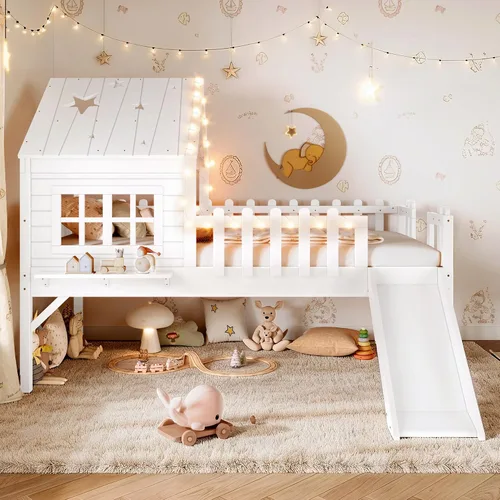 Miniatura 11 de Marco de cama de tamaño matrimonial para niños con escaleras, bonito techo y ventana en forma de estrella para niños y niñas, cama de plataforma