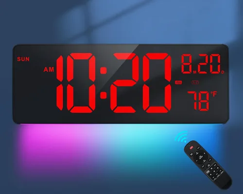 Miniatura 7 de XREXS Reloj de pared digital con pantalla grande, reloj de pared LED de 16.5 pulgadas con 6 luces nocturnas que cambian de color, DST automático