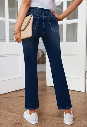 Miniatura 2 de GRAPENT Jeans para mujer de cintura alta, desgastados, pierna recta, rasgados, elásticos, pantalones de mezclilla occidentales, traje de los años 90