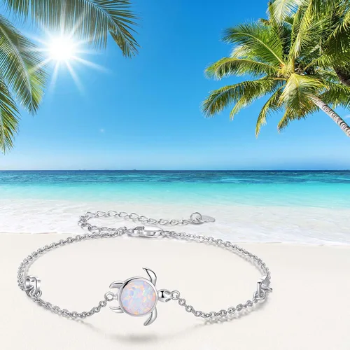 Miniatura 5 de Cuoka Pulsera de tortuga de plata de ley 925 con ópalo y tortuga marina, pulsera de tortuga de mar, pulsera de naturaleza oceánica, regalo para ella