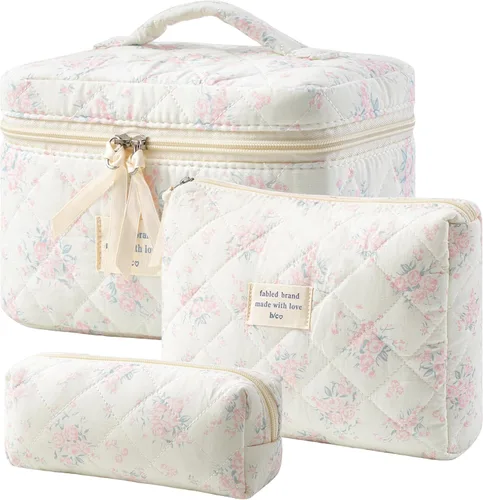Miniatura 22 de HBselect Bolsa de maquillaje acolchada, 3 piezas de algodón grande, bolsa de maquillaje de viaje, bonita bolsa de maquillaje floral de coqueta