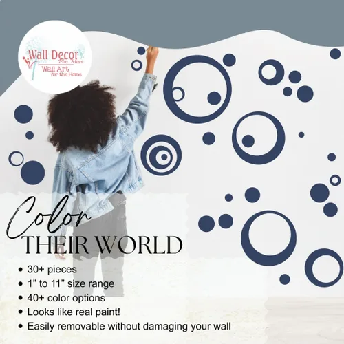 Miniatura 2 de Vinilo adhesivo de pared azul profundo, círculos, burbujas, puntos 25+ piezas