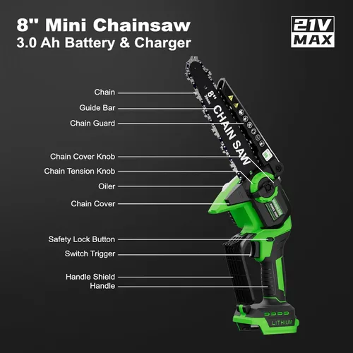Miniatura 9 de Mini motosierra de 8 pulgadas con 2 baterías y cargador, motosierras inalámbricas sin escobillas con engrasador automático, motosierra eléctrica