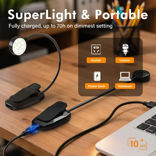 Miniatura 5 de KTEBO Paquete de 2 luces de lectura recargables de 10 LED para leer en la cama - Cuidado de los ojos con 3 temperaturas de color, 3 niveles de Negro