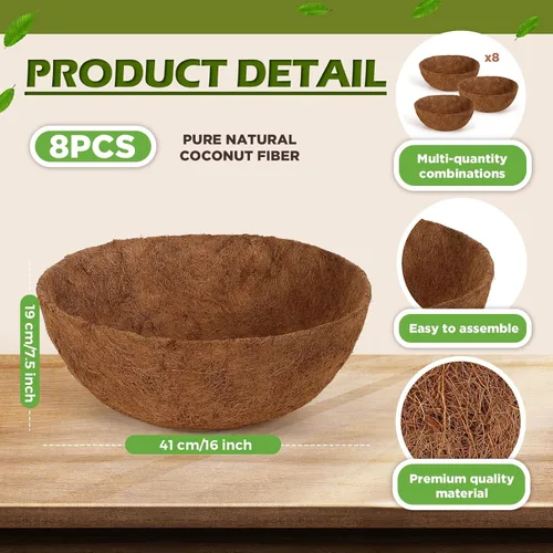 Miniatura 2 de Gerrii 8 forros de coco de 16 pulgadas para cestas colgantes, revestimientos de coco para maceteros redondos naturales de coco y coco, cesta
