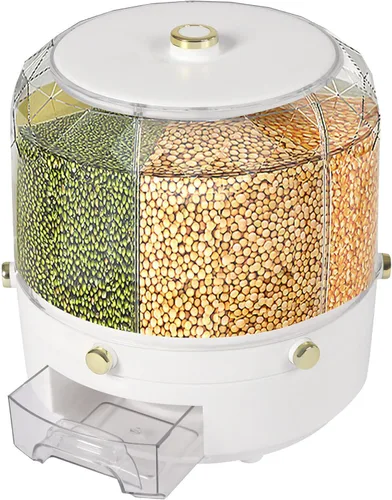 Miniatura 5 de Dispensador de arroz giratorio de 6 rejillas, contenedor de almacenamiento de granos giratorio de 360°, cubo de almacenamiento de granos de azúcar