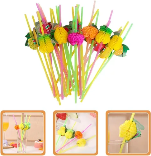 Miniatura 7 de Kichvoe Paquete de 60 pajitas de fiesta con temática hawaiana, agitadores de bebidas en forma de fruta para niños y niñas, pajitas de plástico