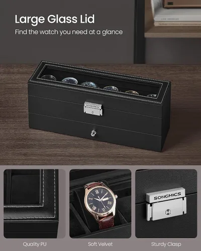 Miniatura 11 de SONGMICS UJWB012 - Caja de reloj de 12 ranuras, caja de reloj con cerradura con tapa de vidrio, 2 capas, con 1 cajón para anillos, pulseras, idea