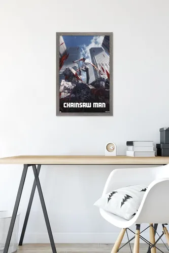 Miniatura 6 de Chainsaw Man - Póster de pared de arte clave, 22.4 pulgadas de largo x 14.7 pulgadas de ancho, versión enmarcada de madera de granero