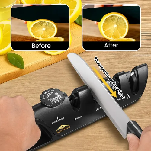 Miniatura 4 de Afilador de cuchillos 4 en 1 con guía de ángulo, borde ajustable, 3 etapas: grueso–afilar–fino + ranura para tijeras, base antideslizante y mango