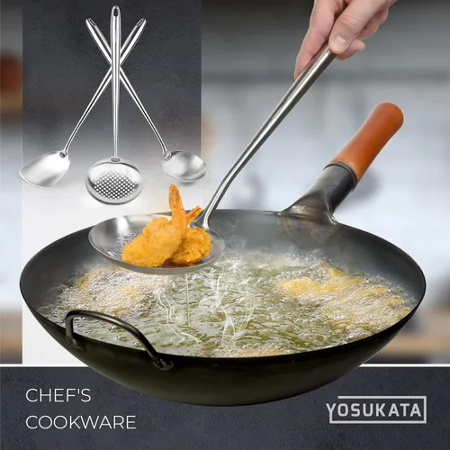 Miniatura 8 de Yosukata Espátula de Wok de 17" y Cuchara Coladora con Cucharón - Juego de 3 Utensilios de Cocina de Acero Inoxidable - Juego de Utensilios