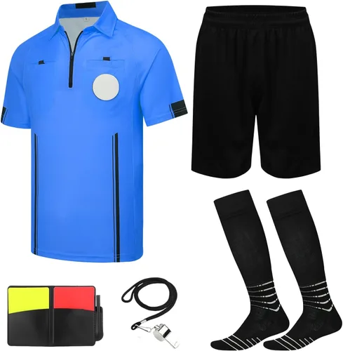 VKT Kit de árbitro de fútbol, camiseta de árbitro de fútbol, pantalones cortos, calcetines de referencia, silbato, tarjeta roja y amarilla para