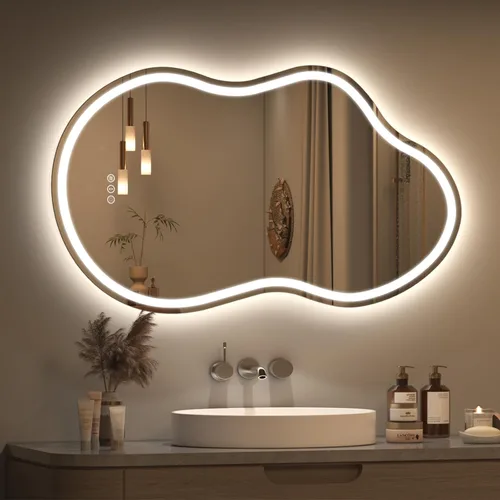 Miniatura 11 de SMIROR Espejo de Baño Retroiluminado Irregular con Luces 20 x 32, Espejo de Tocador con Luz LED Asimétrica en Forma de Nube para Pared