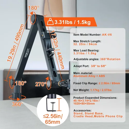 Miniatura 7 de VEVOR Brazo de brazo de micrófono, con abrazadera de montaje de escritorio, soporte de micrófono ajustable con gestión de cables, giratorio de 360°