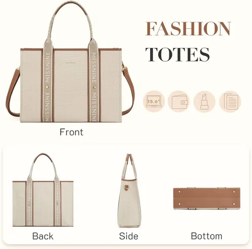 Miniatura 5 de Missnine Bolsa de lona para laptop de 15.6 pulgadas, bolsa de hombro para profesores, maletín para viajes, oficina, escuela, marrón, beige
