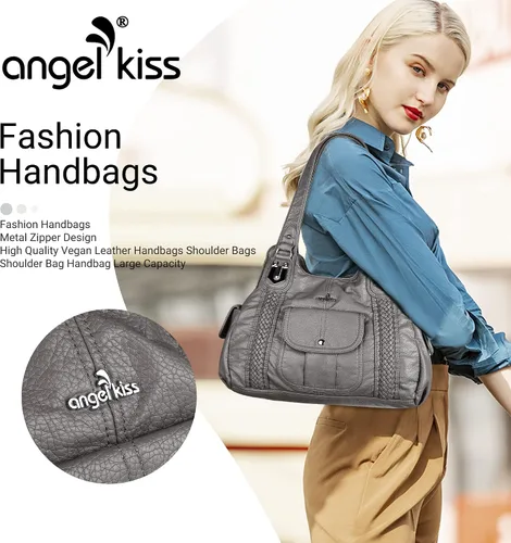 Miniatura 6 de Angelkiss - Bolsos y bolsos de mano para mujer, de cuero vegano lavado, bolso cruzado de hombro