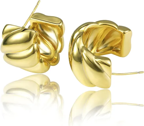 Miniatura 113 de Aretes de aro gruesos de oro para mujer, chapados en oro de 14 quilates, aretes de aro triple, hipoalergénicos, a la moda, aretes de aro gruesos