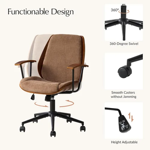 Miniatura 5 de HULALA HOME Silla de oficina de madera maciza con función mecedora, cómoda silla de escritorio de tela con base de madera doblada y metal, silla