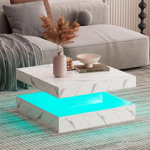 Miniatura 8 de HedoAjim Mesa de centro LED negra para sala de estar, mesa de sala de estar, mesas centrales cuadradas de 2 niveles, mesas de centro de madera