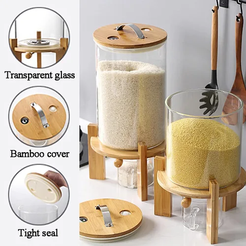 Miniatura 5 de Dispensador de arroz de vidrio con soporte de madera, tarros dispensadores de cereales para el hogar, harina de cocina, grano de azúcar, juego