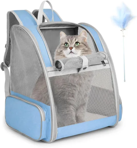 Miniatura 12 de Mochila transportadora para gatos, mochila grande para mascotas con varita de gatito, juguete de plumas para perros medianos y pequeños, gatos
