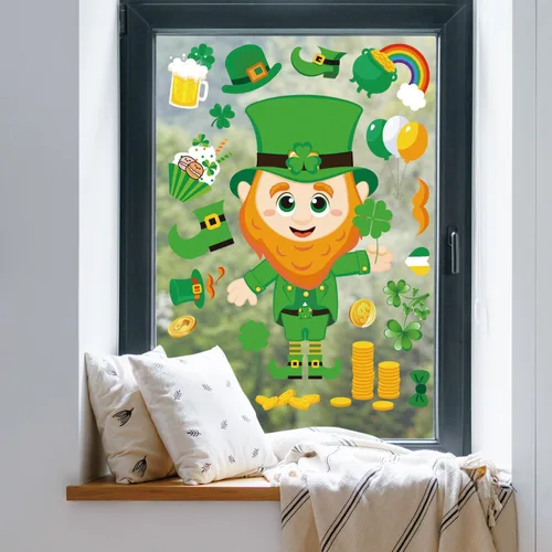 Miniatura 7 de AOWDIAO Calcomanías reutilizables de doble cara para ventana, duendes, tréboles, gnomos, monedas, decoración irlandesa festiva para ventanas
