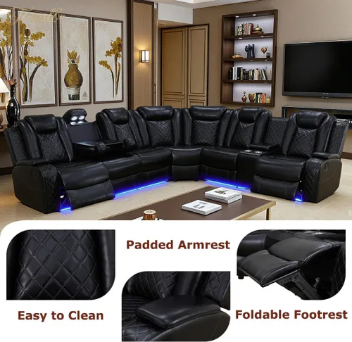 Miniatura 7 de Juegos de muebles de sala de Toseslo, juego de sofá reclinable eléctrico, seccional de 2 reclinables de cuero negro con luz LED, juegos modernos