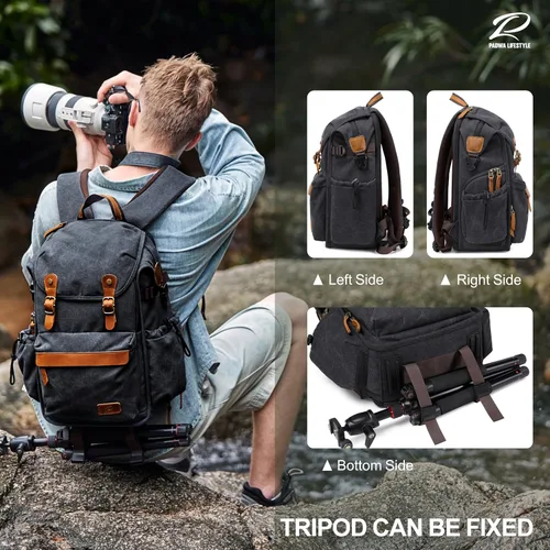 Miniatura 8 de Padwa Lifestyle Mochila negra para cámara – Bolsa profesional para cámara DSLR y UAV, mochila de lona antirrobo para cámara con cubierta