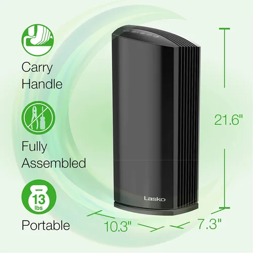 Miniatura 5 de Lasko LP450 - Purificador de aire de torre HEPA prémium para el hogar con DreamMode y temporizador: la filtración HEPA verdadera elimina el 99.97%